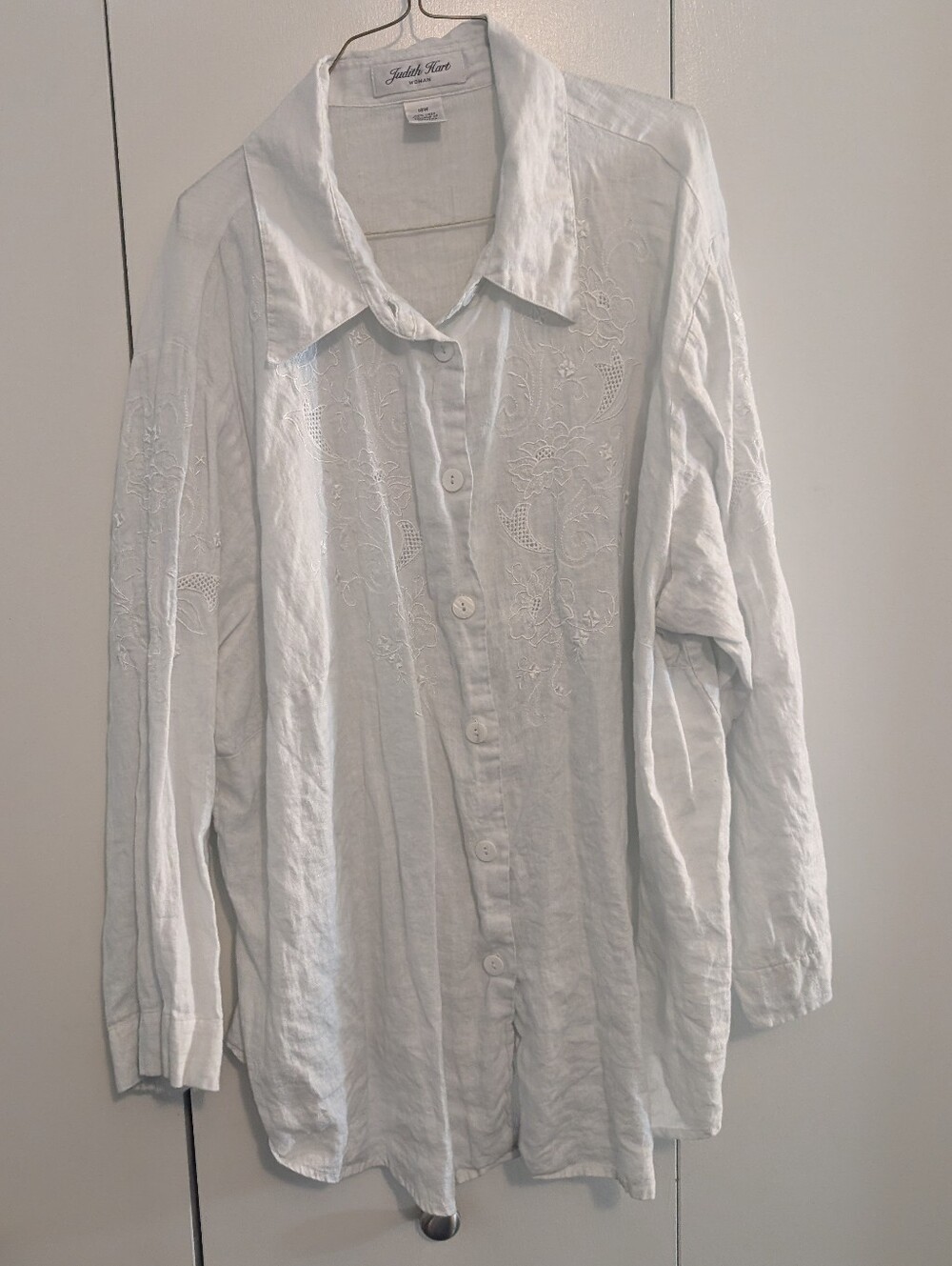 Judith Hart White Women's Embroidered Button-Down 100% Linen Shirt 3/4 Sleeve